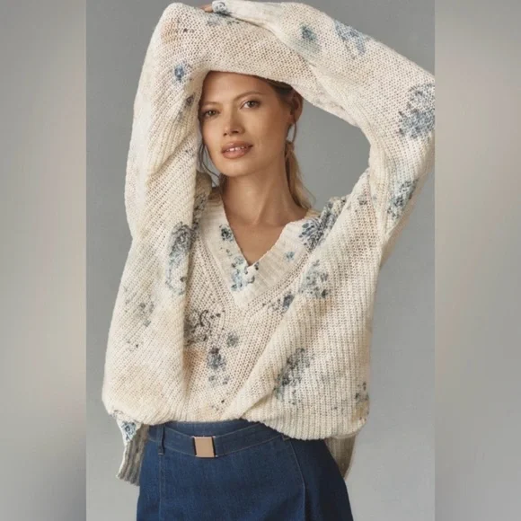 Pilcro Anthro Slouchy V-Neck Sweater Small Oversized Ivory Floral Bohemian - Picture 1 of 7